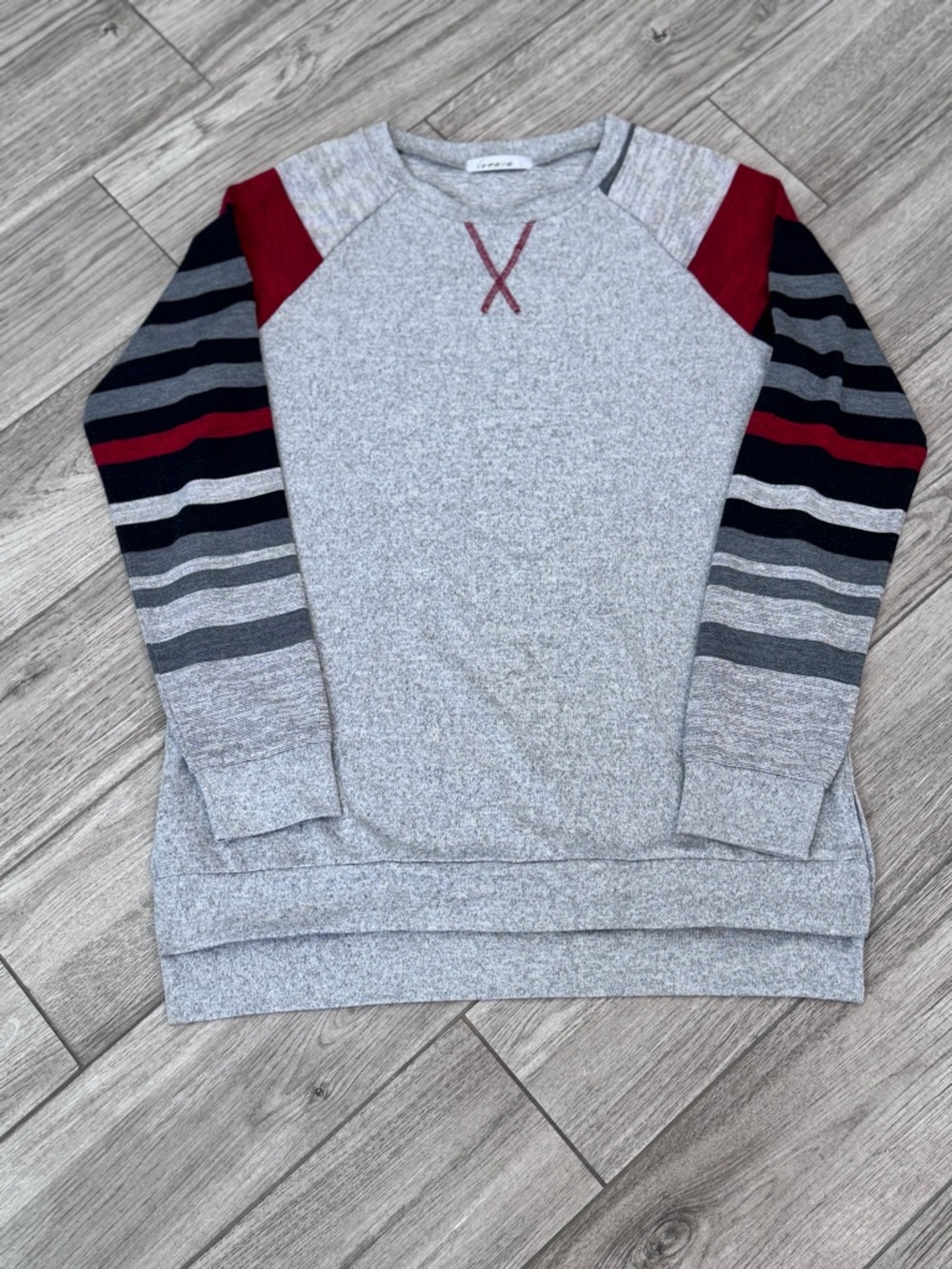 Levaca Grey Long Sleeve Sweater Shirt with Red/Black Sleeve Stripes Size Large